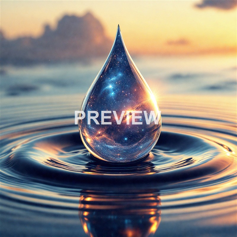 A large, clear water droplet with a reflection of a starry galaxy inside it, floating on the surface of calm water during sunset or sunrise.